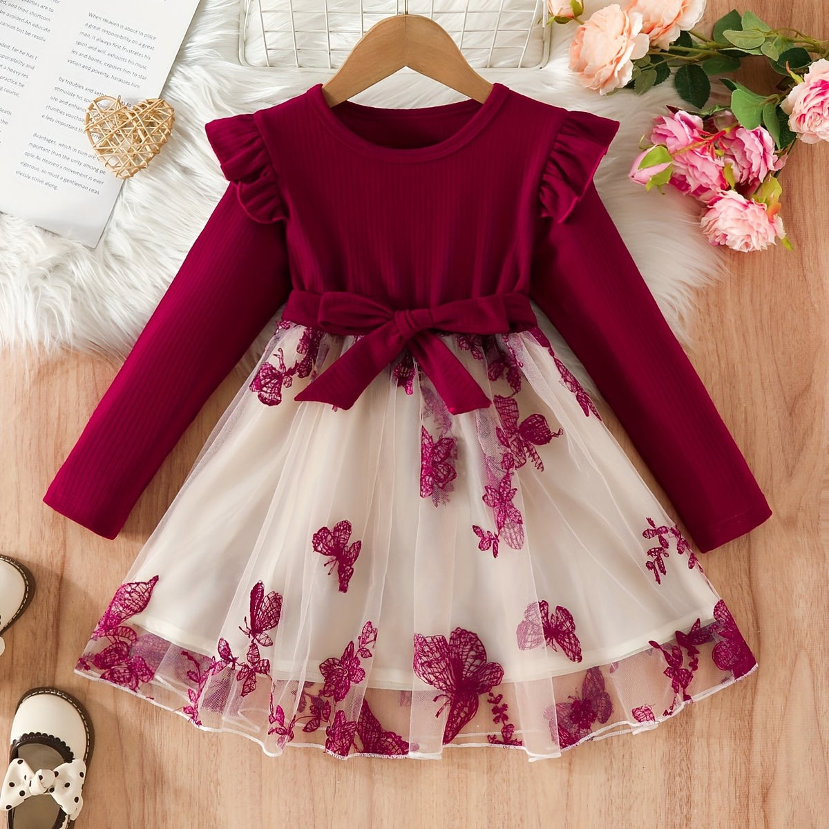 Kid Girl Butterfly Embroidery Tulle Ruffle Sleeve Dress