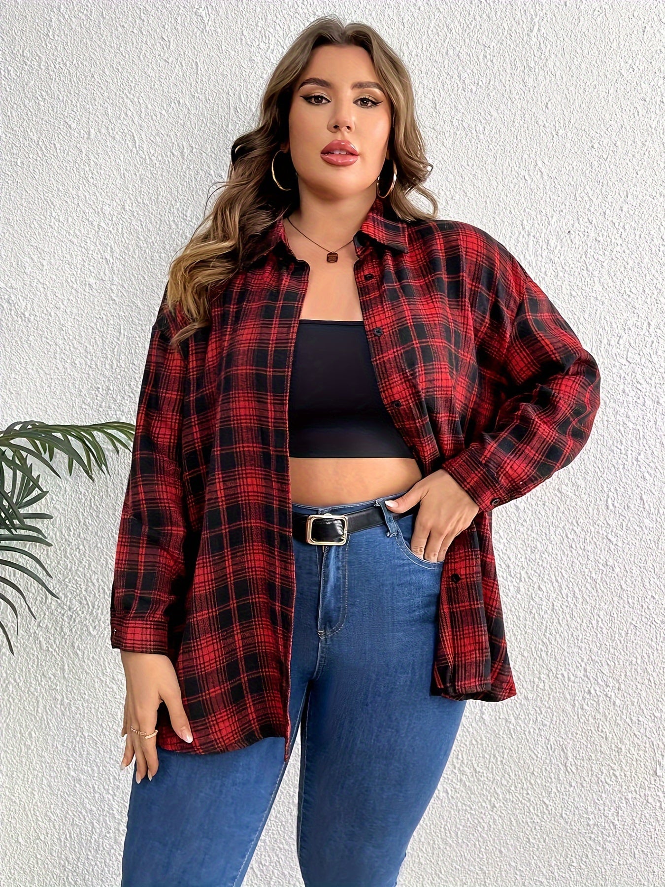  Casual Blouse Women's Plus Skull & Plaid Print Long Sleeve Shirt