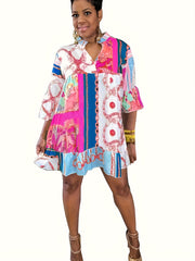  Colorblock Chain Print Ruffle Trim Smock Dress