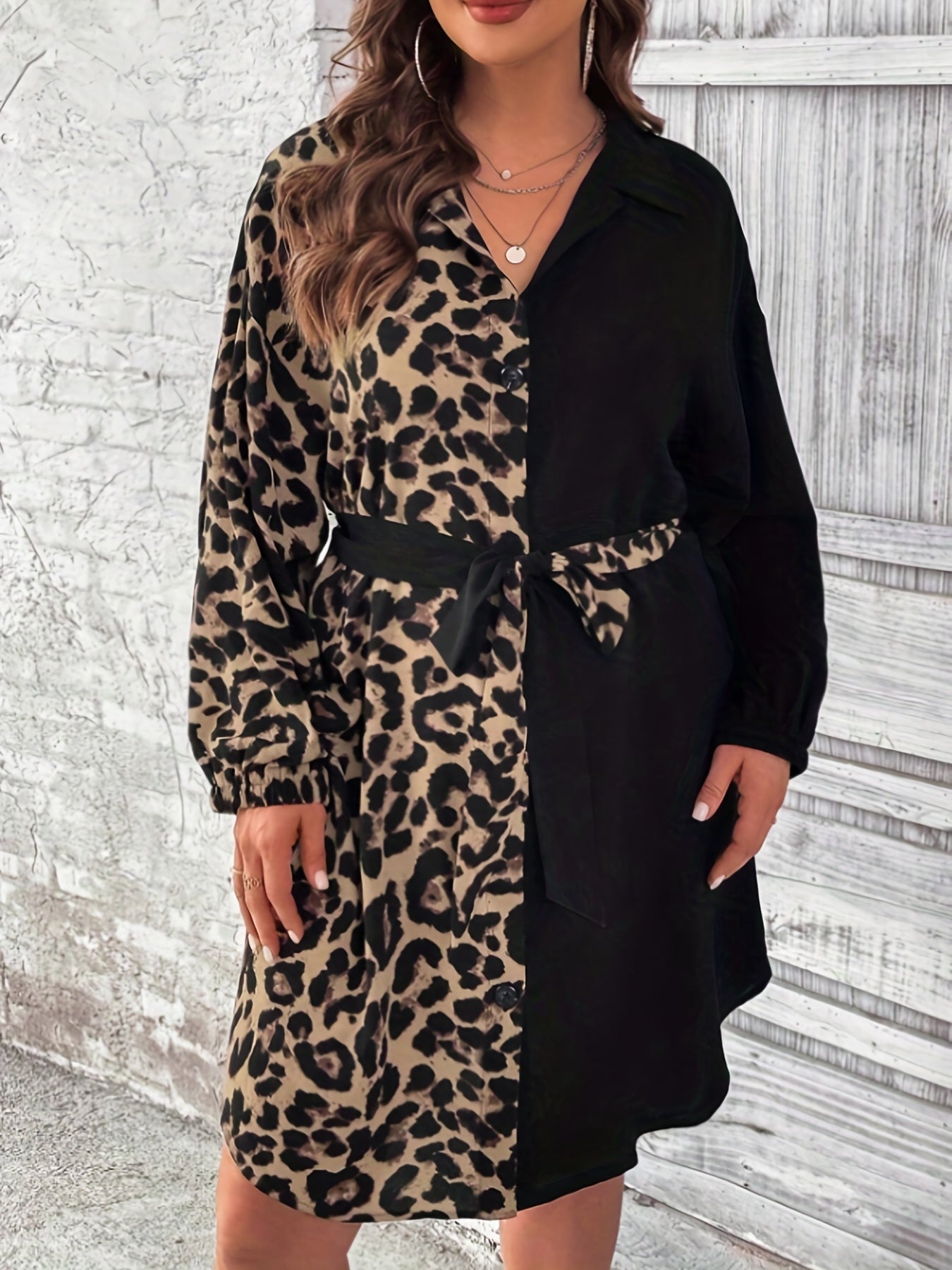  Colorblock Leopard Print Long Sleeve Shirt Dress