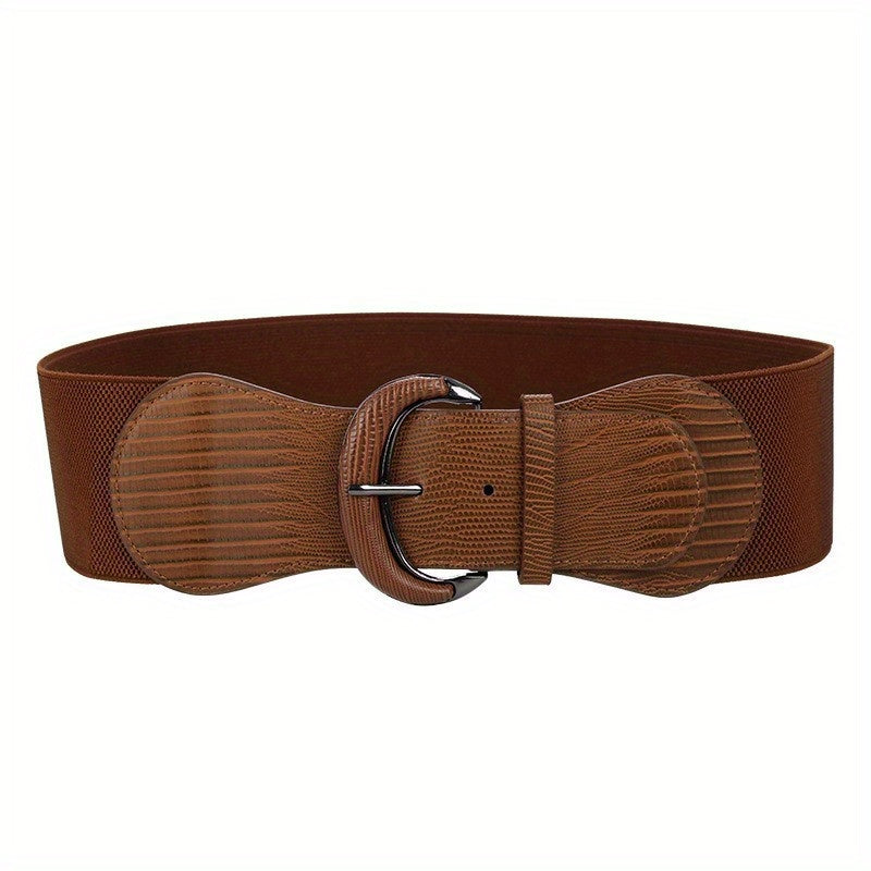 Vintage PU Leather Oval Buckle Elastic Belt for Women