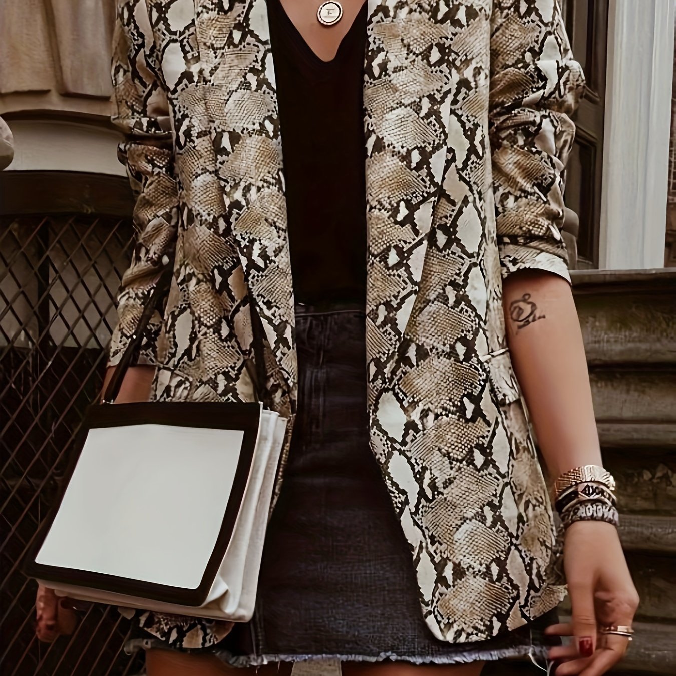  Casual Snake Pattern Blazer Open Front Long Sleeve Slim Fit