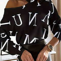  Casual Blouse Women's Plus Letter Print Long Sleeve One Shoulder Top