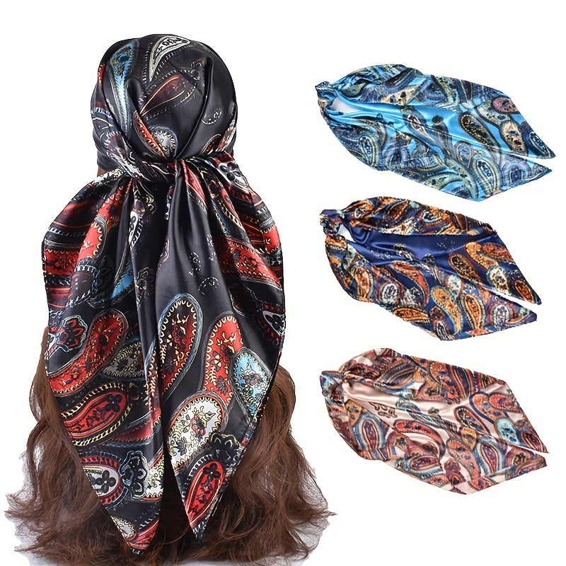 Vintage Paisley Print Satin Square Scarf for Women