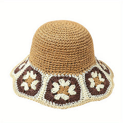 Vintage Rainbow Flower Bucket Hat Hand Crochet Foldable Straw Beach Hats