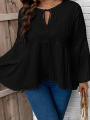  Solid Ribbed Lantern Sleeve Peplum Top