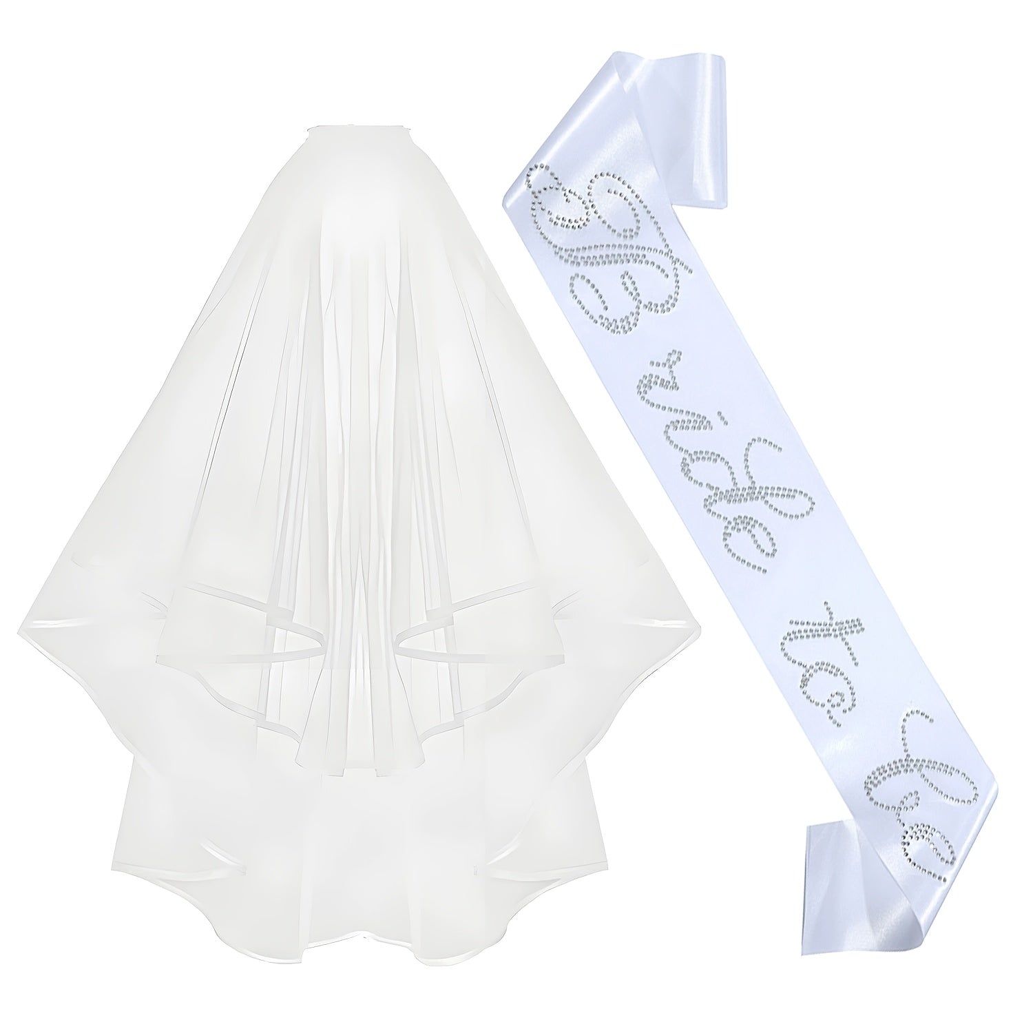 Bridal Veil Set & Bride to Be Sash Wedding Gown w/ Rhinestone Accents