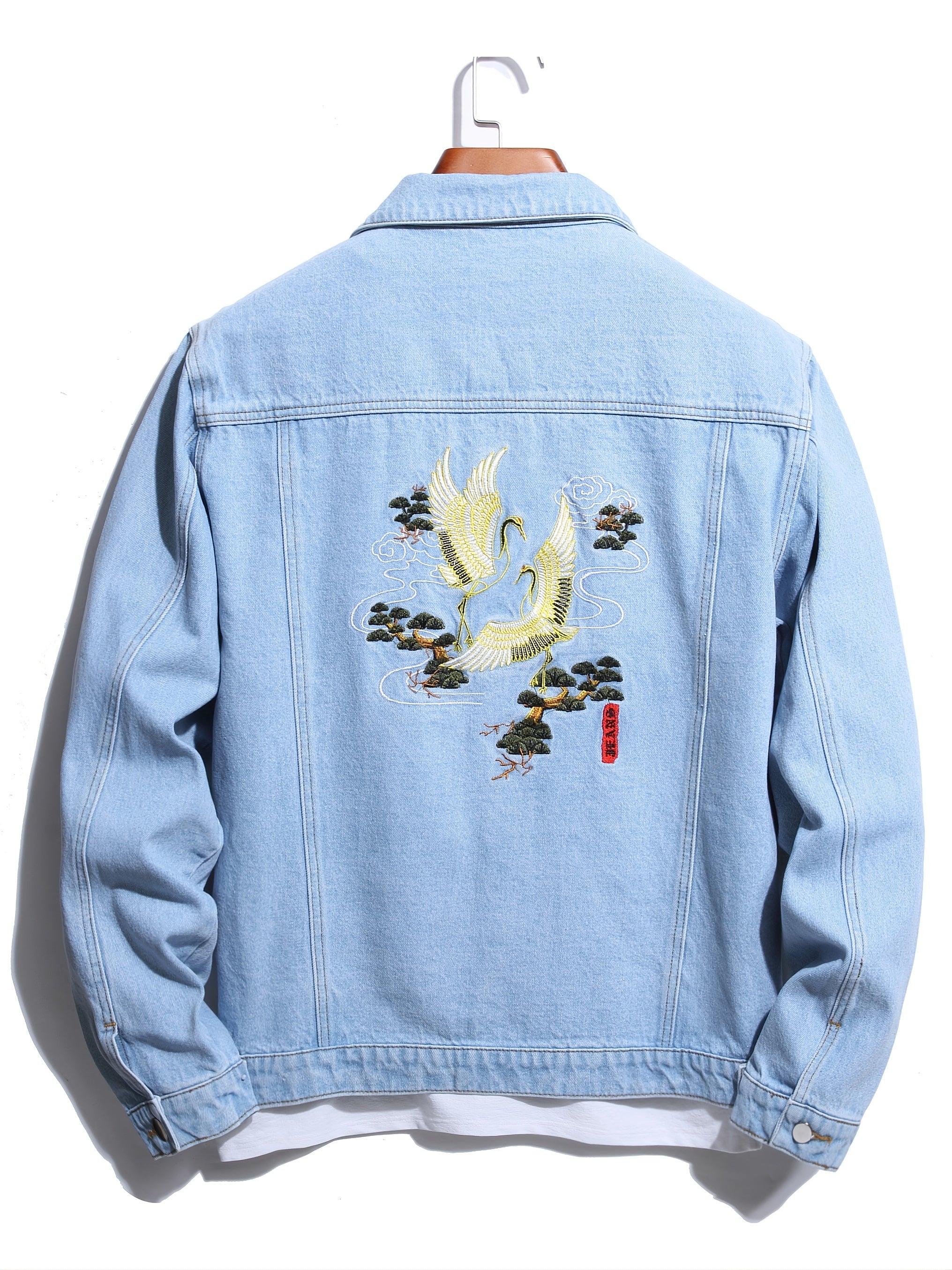 Men's Casual Crane Embroidered Denim Jacket