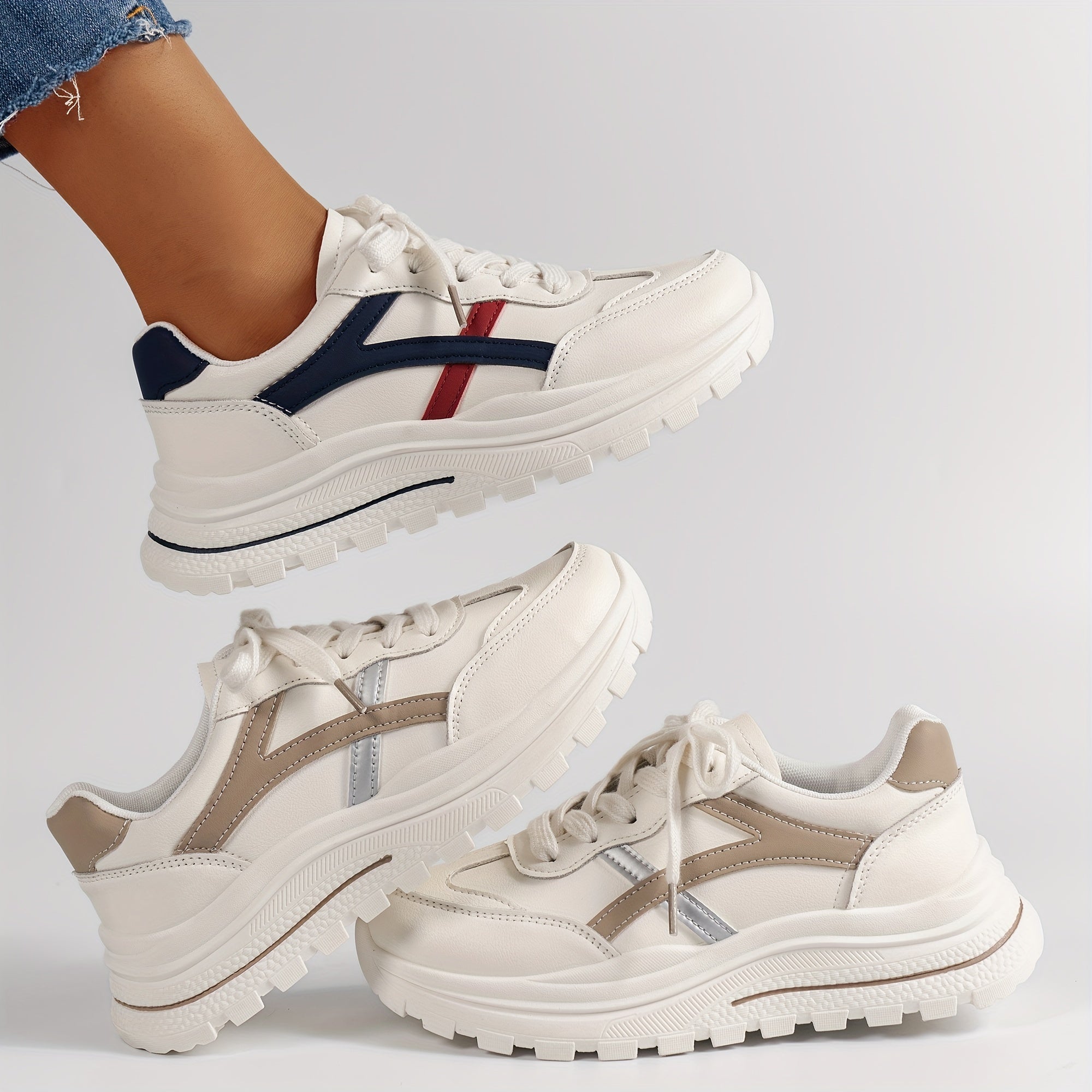 Women's Colorblock Flatform Sneakers Lace Up Low Round Toe Casual Shoes