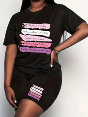  Colorful Stripe & Letter Print Crew Neck Top & Shorts Set