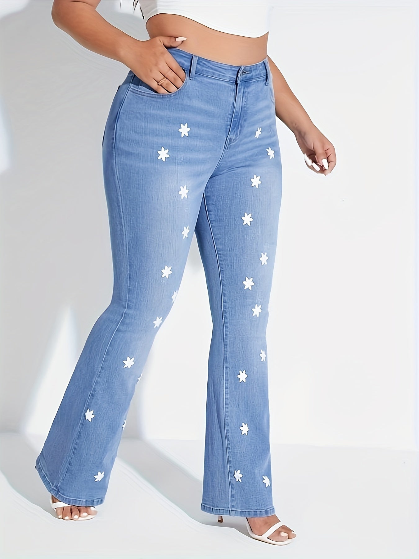  Star Print Button Fly High Rise Skinny Flared Jeans