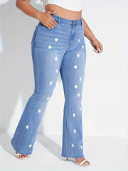  Star Print Button Fly High Rise Skinny Flared Jeans