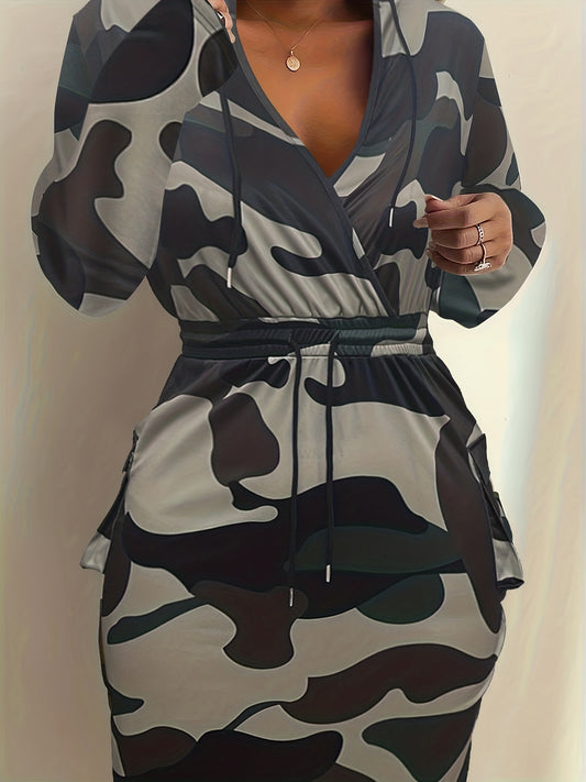 Women's Plus Camo Print Hoodie Dress With Pockets