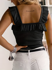 Ruffle Trim Tank Tops Square Neck Sleeveless Cami Top