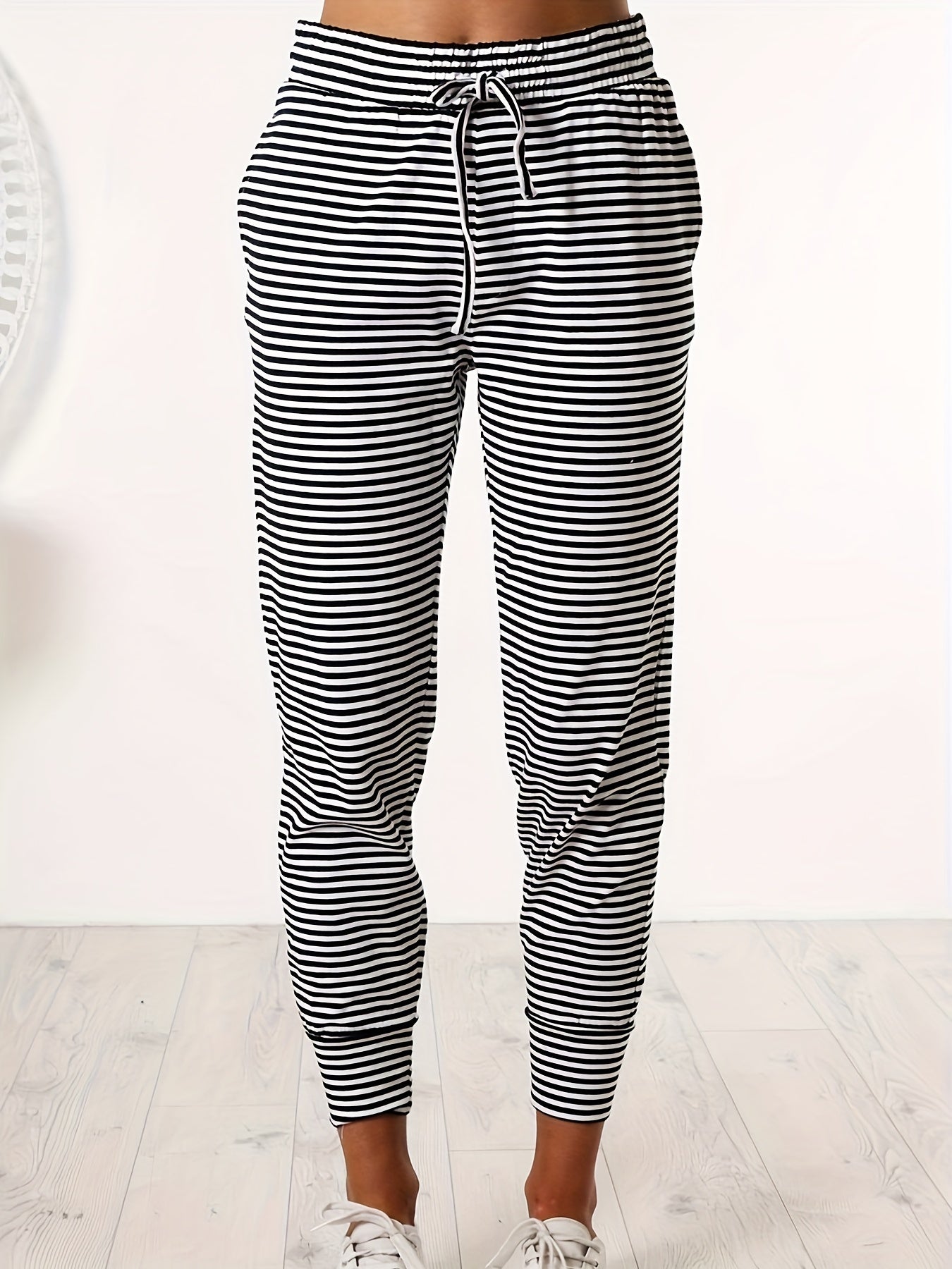  Stripe Print Elastic Drawstring High Rise Jogger Pants