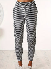  Stripe Print Elastic Drawstring High Rise Jogger Pants