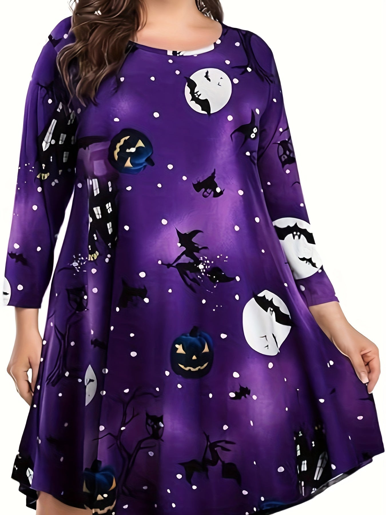  Casual Dress Women's Plus Graphic Print Long Sleeve Round Neck Dress