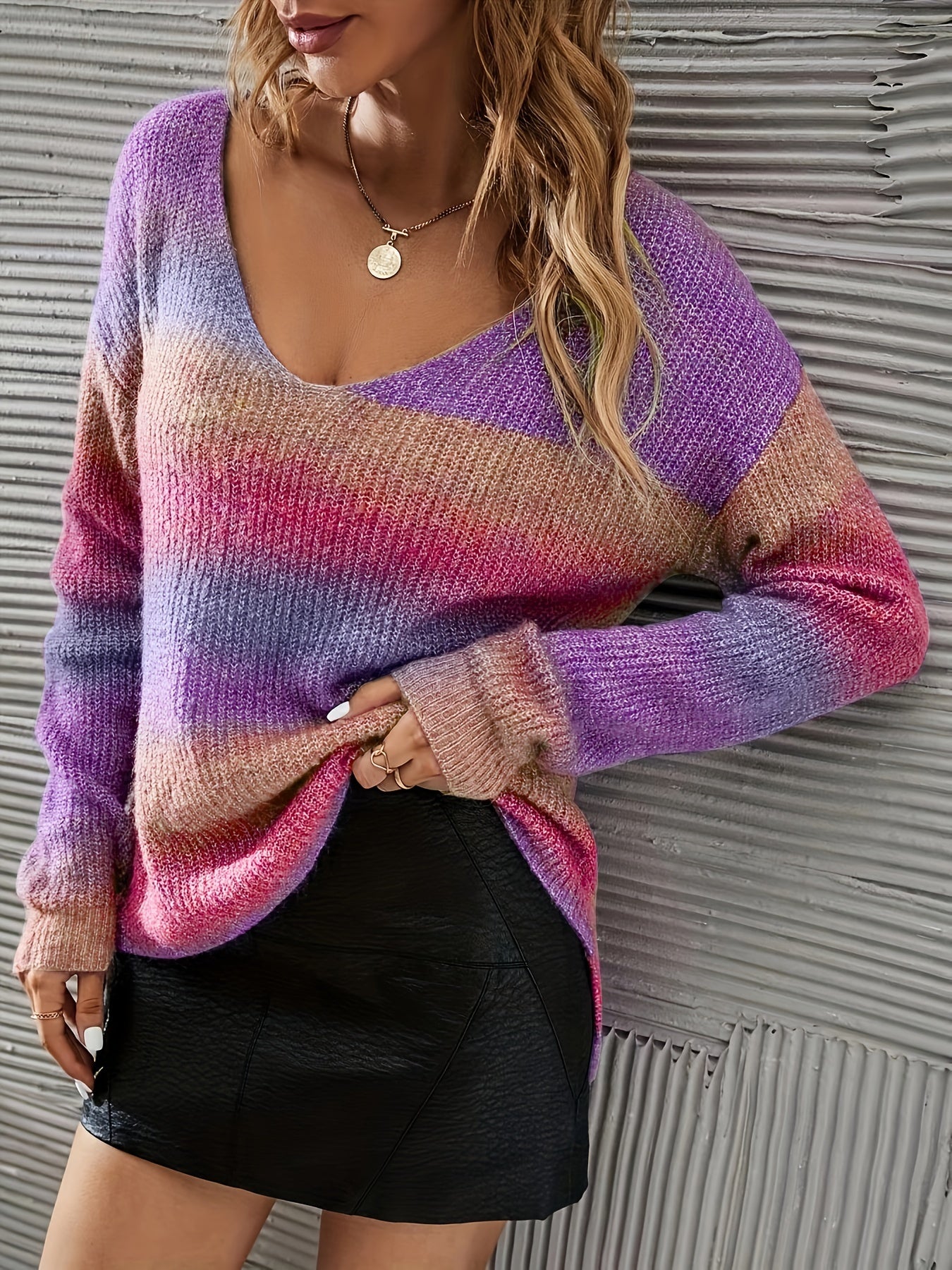  Stripe Print V Neck Sweater Long Sleeve
