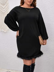  Solid Long Sleeve Round Neck Fuzzy Trim Dress