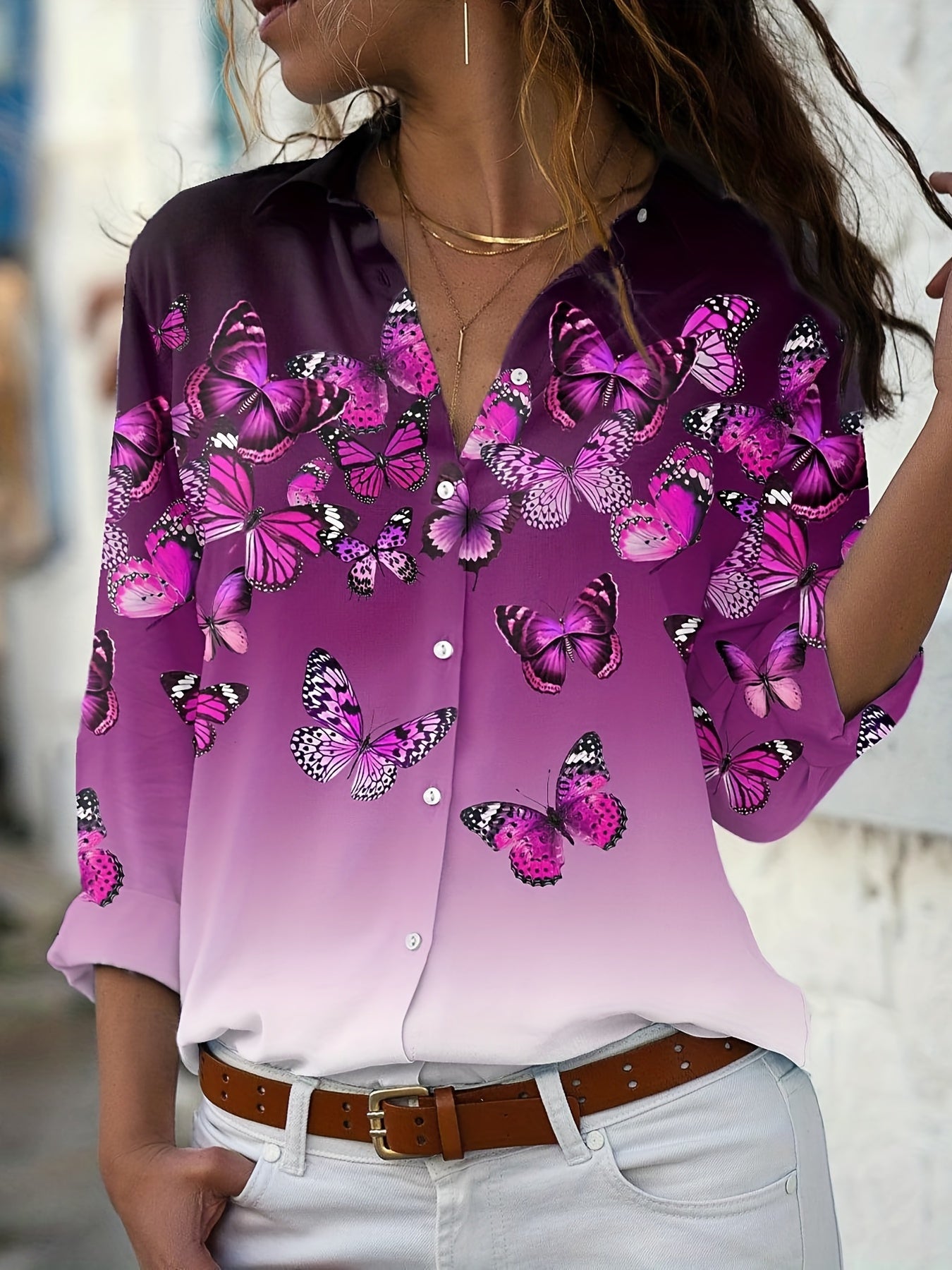  Butterfly & Ombre Print Long Sleeve Button Up Blouse