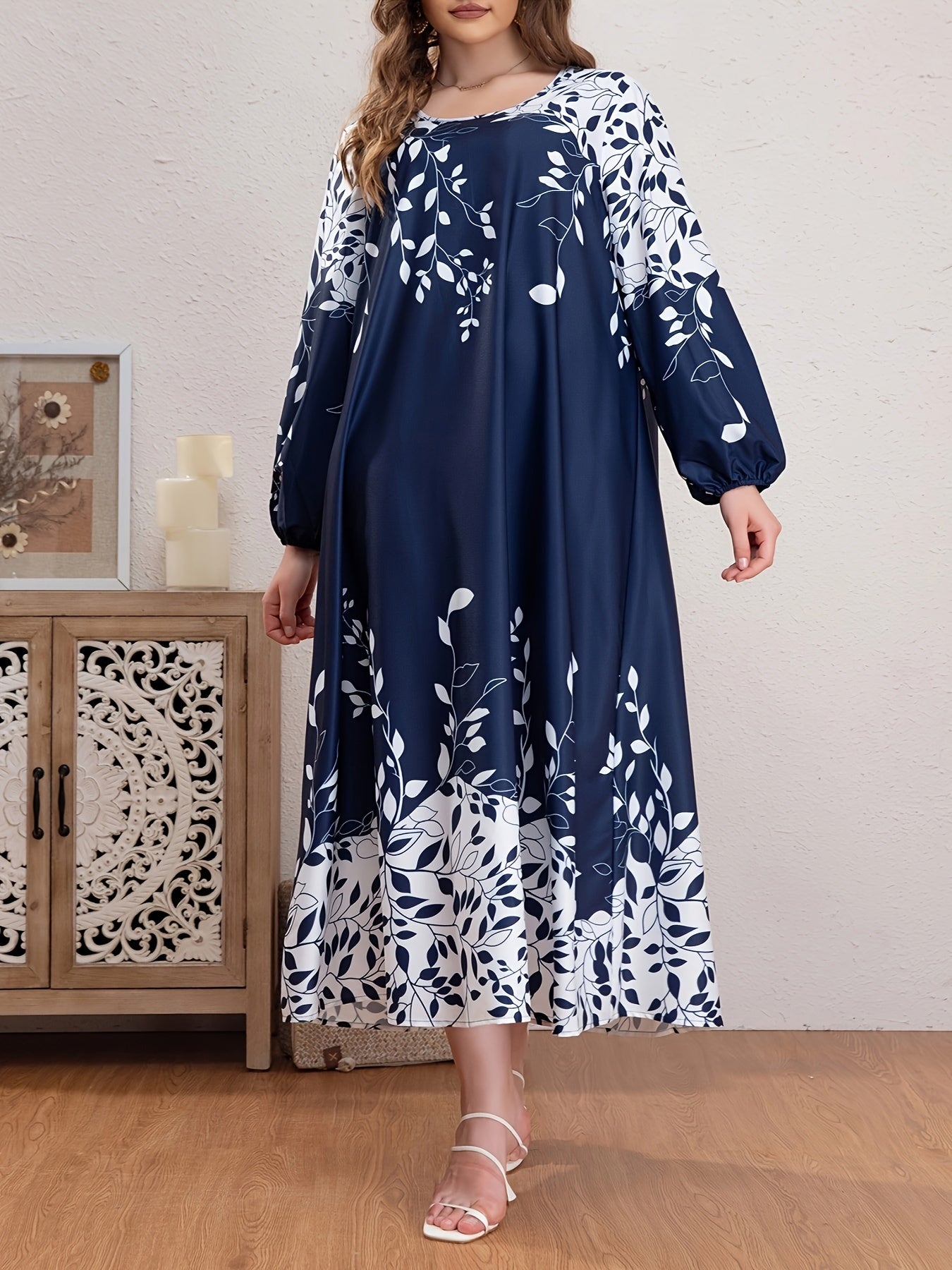  Boho Abaya Dress Women's Plus Leaf Print Lantern Sleeve Round Neck