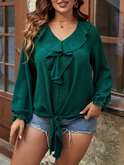  Ruffle Trim V Neck Knot Front Top