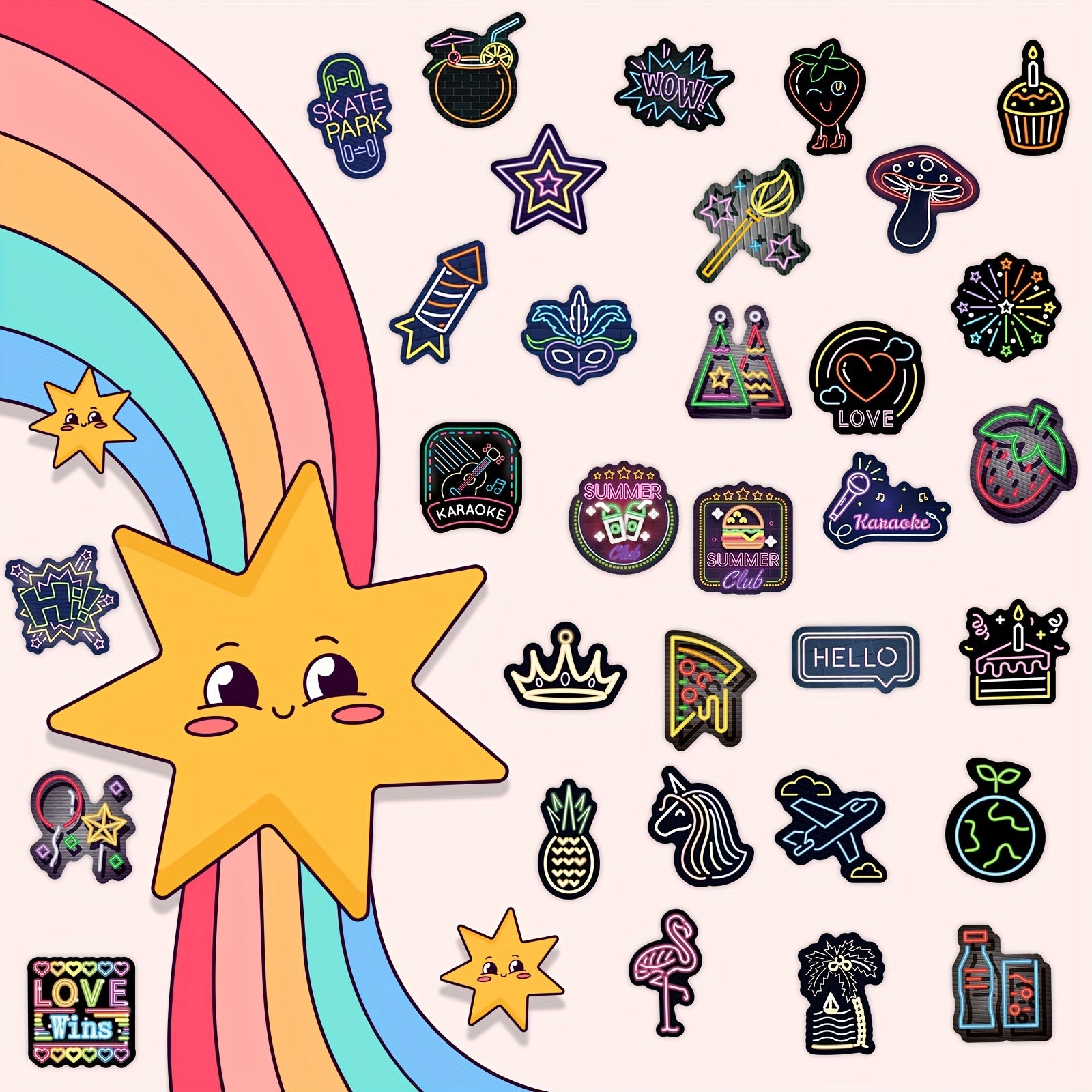 100 Pack Neon Cartoon Stickers Self Adhesive Reusable Decoration