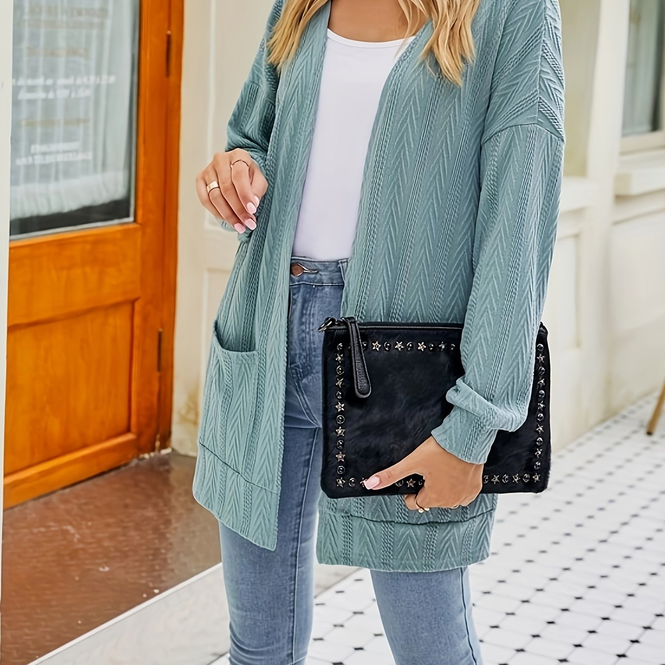  Solid Jacquard Long Sleeve Cardigan With Pockets