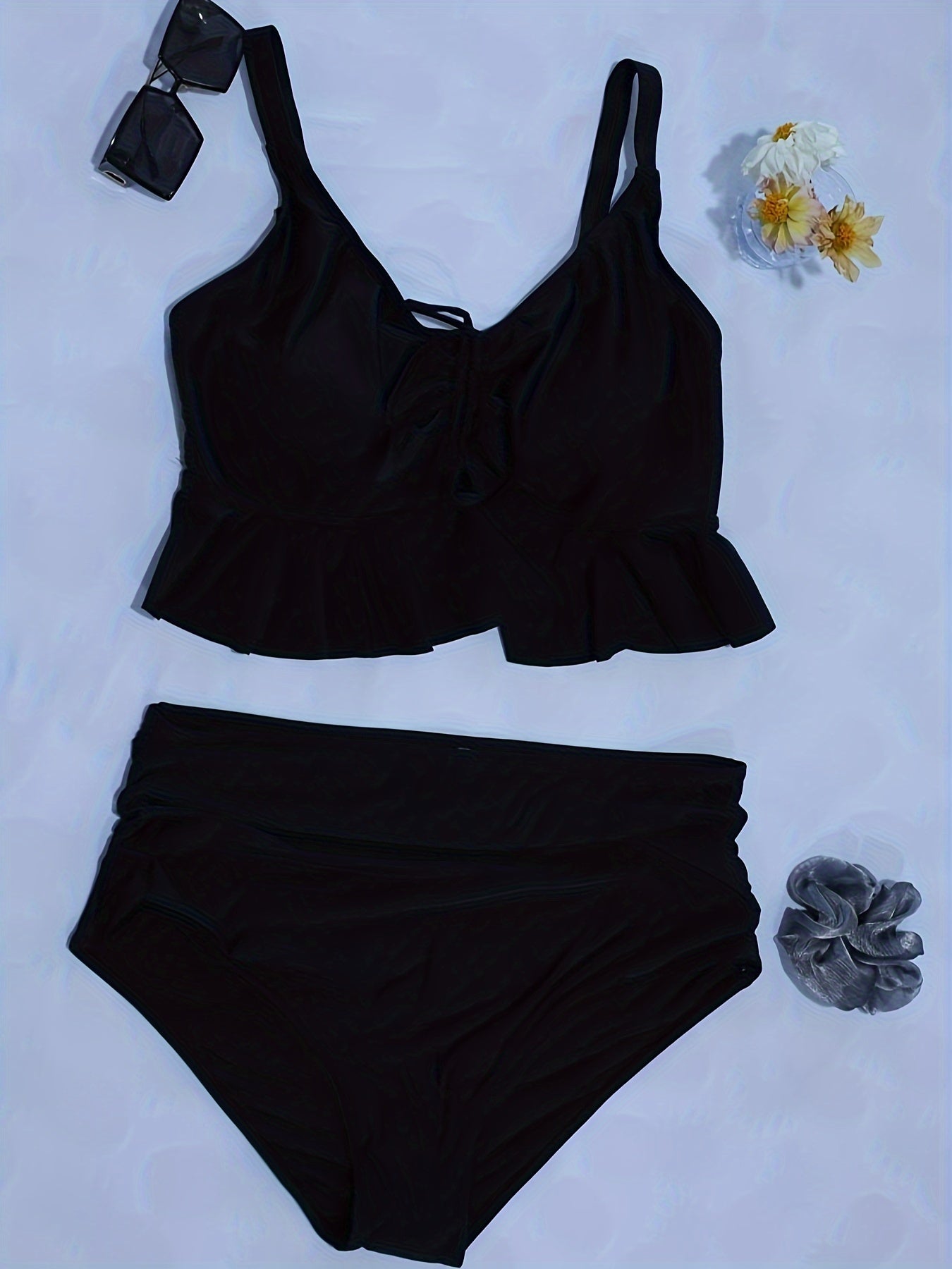  Lace Ruffle Trim Crop Cami Top & Panty Swimsuit Set