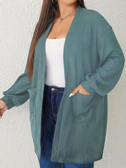  Solid Waffle Pattern Long Sleeve Open Front Cardigan