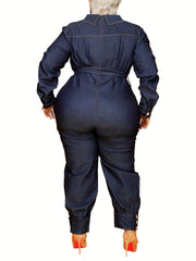  Denim Style Long Sleeve Belted Jumpsuit Women's Plus