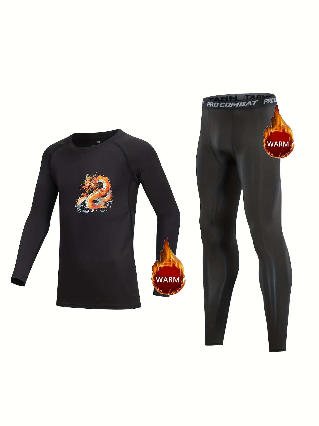 2Pcs Kids Compression Fleece Sets Dragon Pattern Long Sleeve Crew Neck Pullover