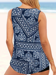  Boho Tankini Set Scarf Print Ring Linked Tank & Shorts Swimsuit