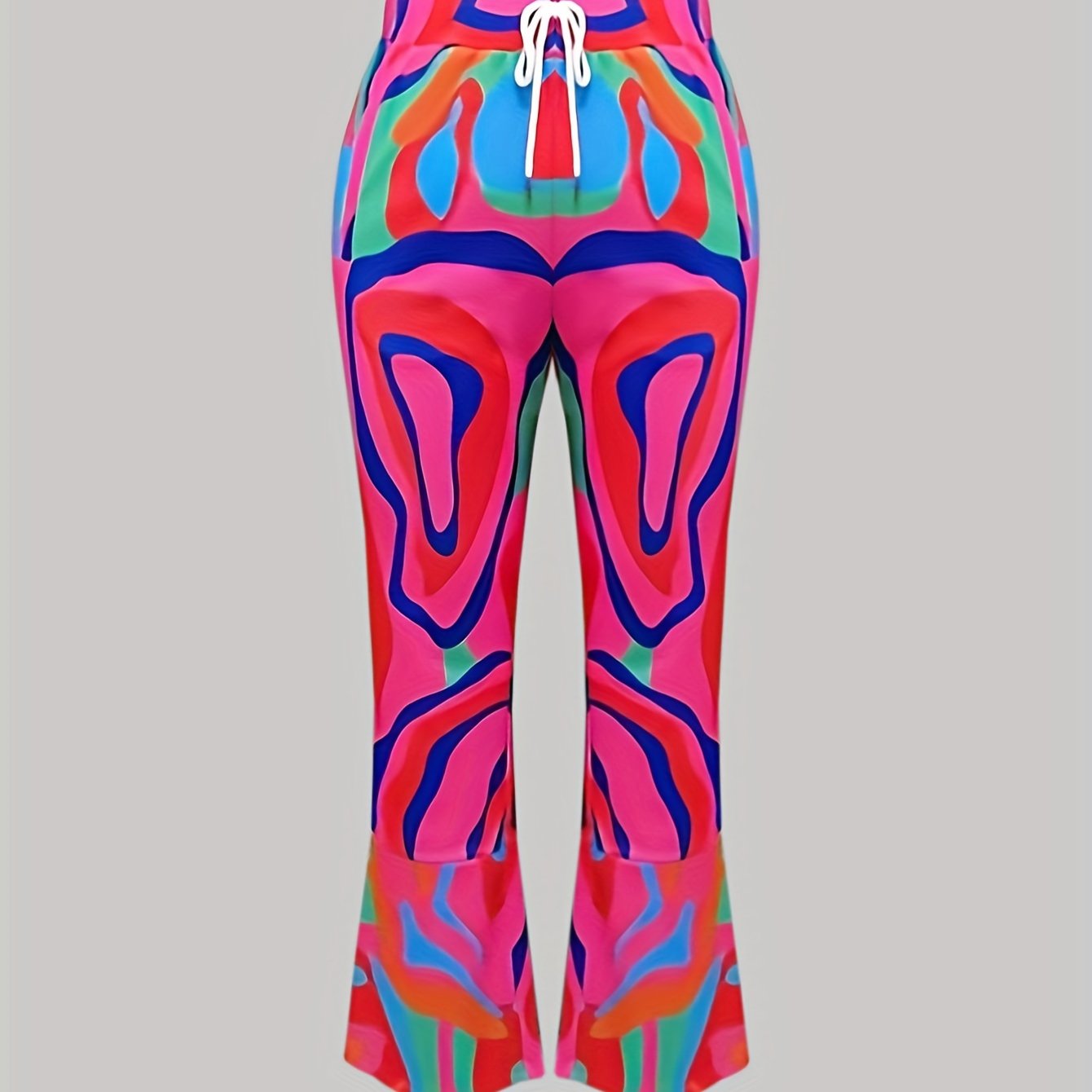  Flared Leg Trousers Abstract Print Elastic High Rise Pant