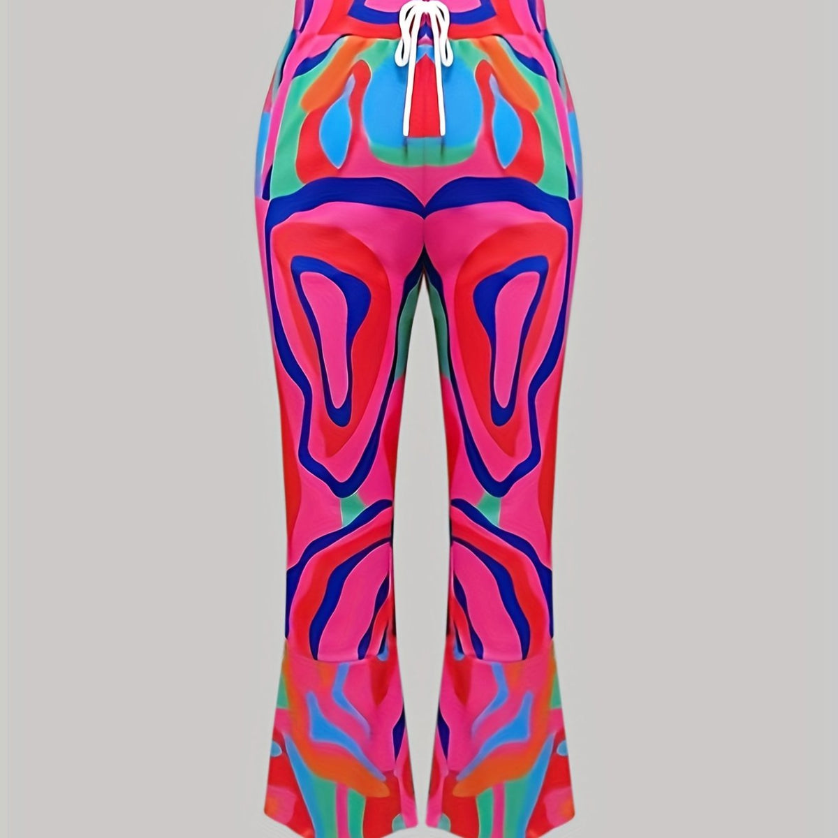  Flared Leg Trousers Abstract Print Elastic High Rise Pant