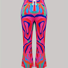  Flared Leg Trousers Abstract Print Elastic High Rise Pant