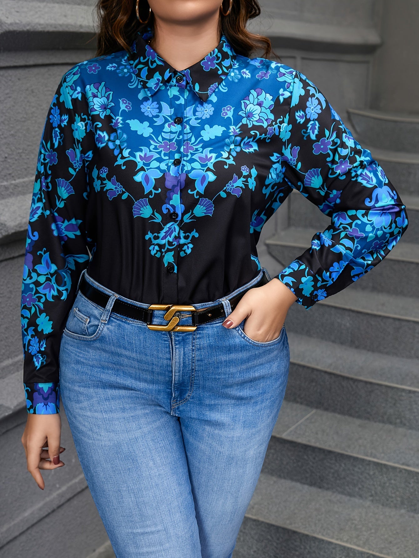  Floral Print Long Sleeve Button Up Blouse