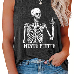  Funny Skull Print Tank Top Round Neck Summer Tee
