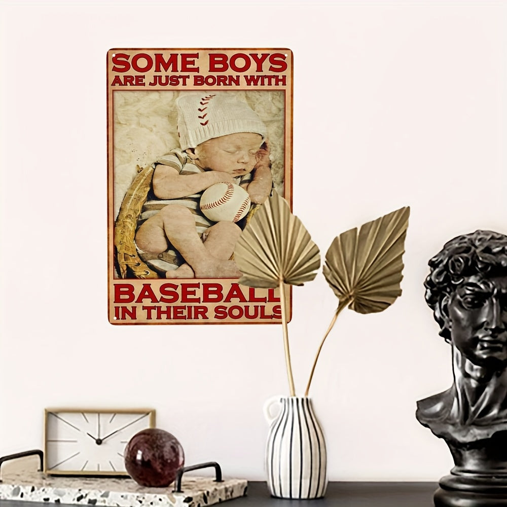 Baseball With Baby Boy Vintage Art Poster Metal Tin Sign