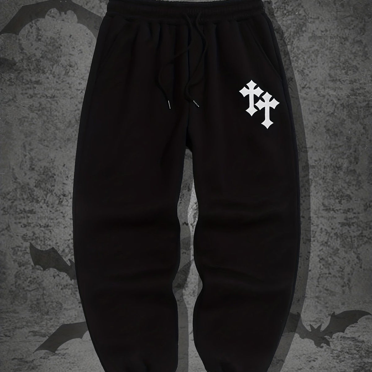 Crucifix Pattern Fleece Joggers Men's Warm Stretch Waist Sweatpants