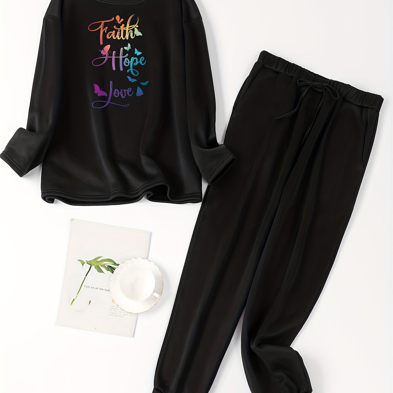  Ombre Butterfly Print Fleece Top & Tie Pants Pajama Set