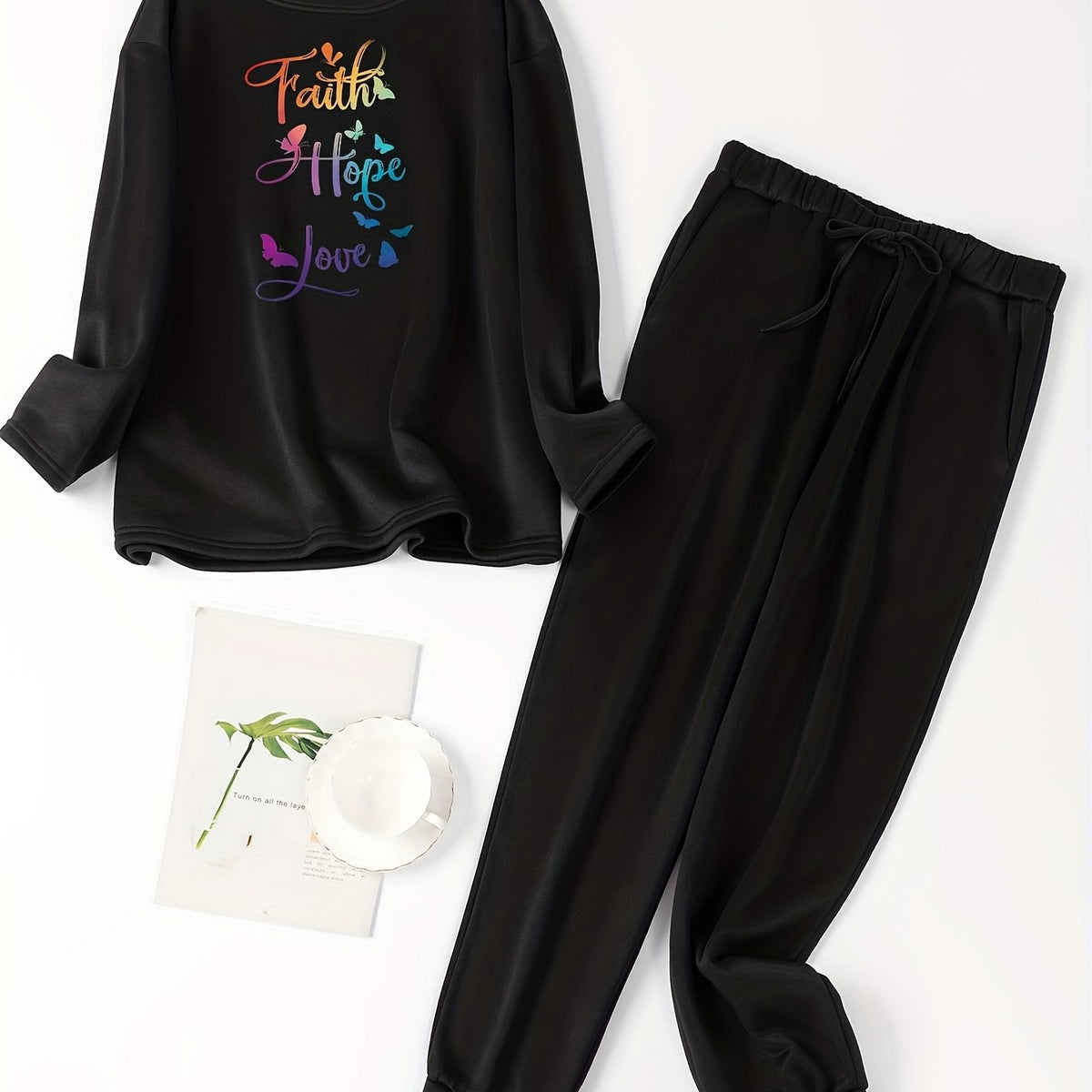  Ombre Butterfly Print Fleece Top & Tie Pants Pajama Set
