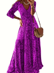  Ditsy Floral Print Long Sleeve V Neck Maxi Dress