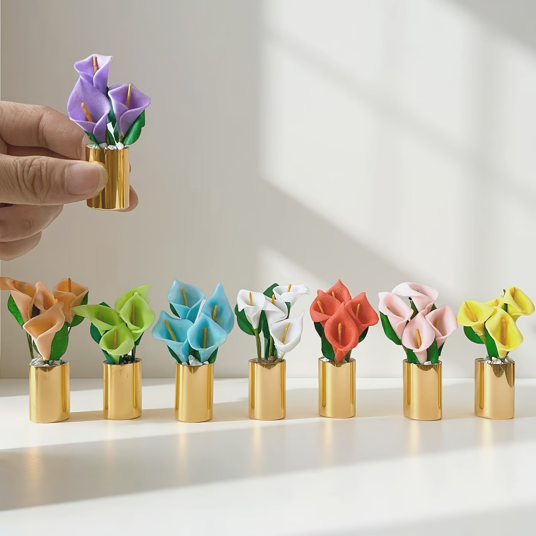 Mini Artificial Flower Potted Plant with Metal Base and Crystals