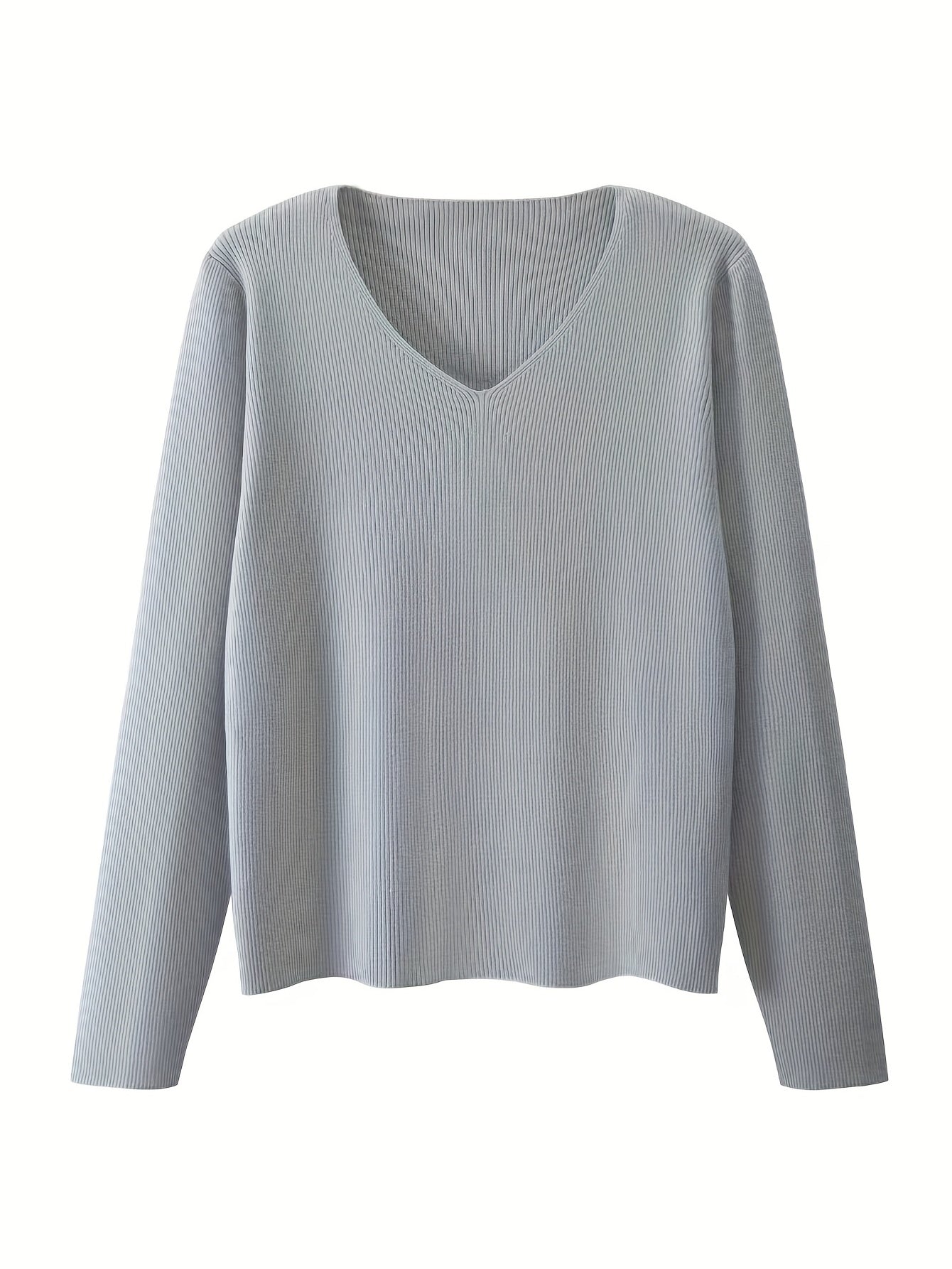  V-Neck Ribbed Long Sleeve Sweater