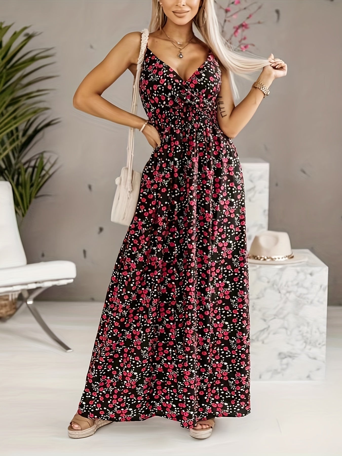 Floral Print Shirred Waist Cami Dress Boho V neck Backless Spaghetti Dress