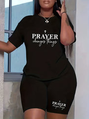  2 Piece Set Women's Cross & Slogan Print Top & Shorts