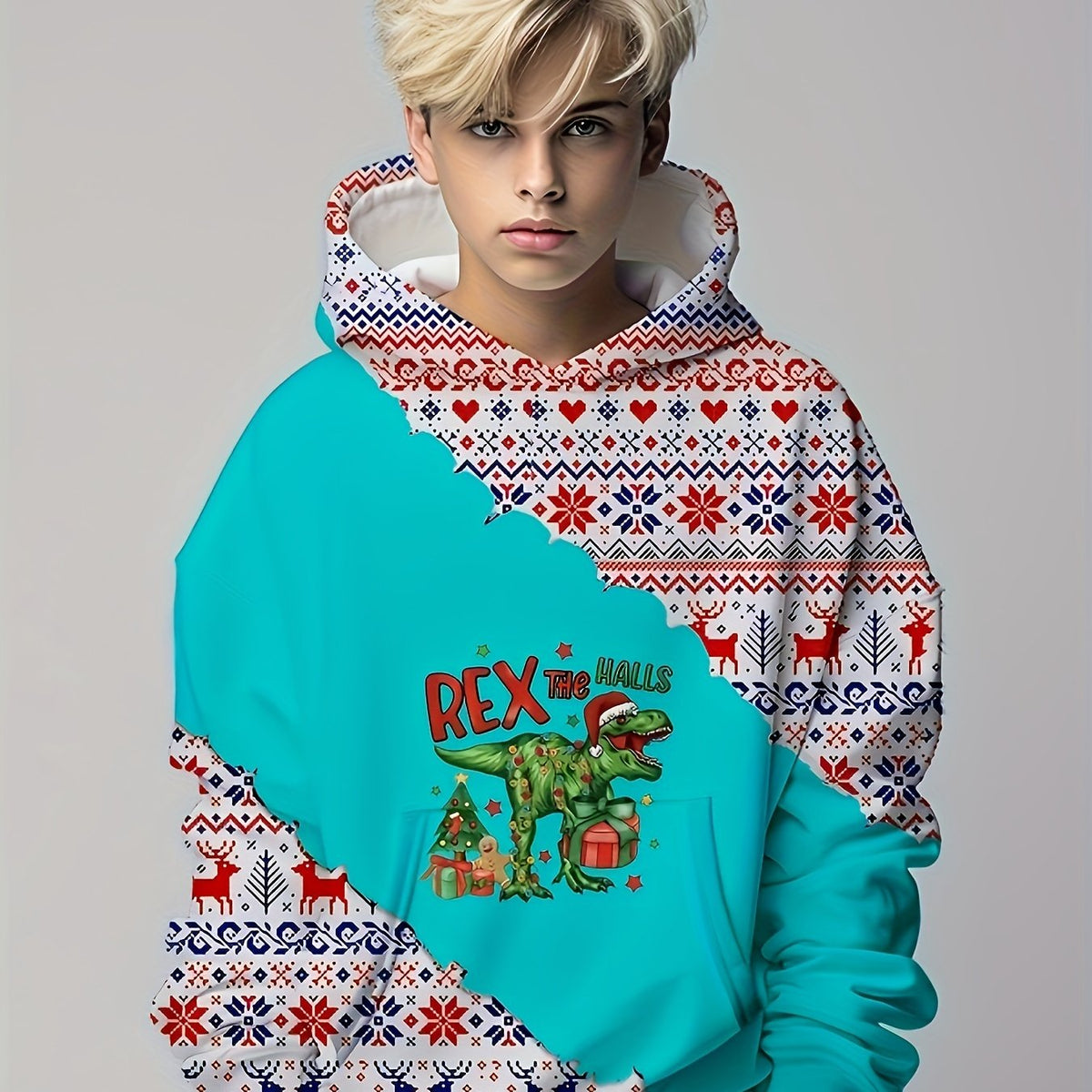 Christmas Dinosaur Print Boys Hoodie Lightweight Comfortable