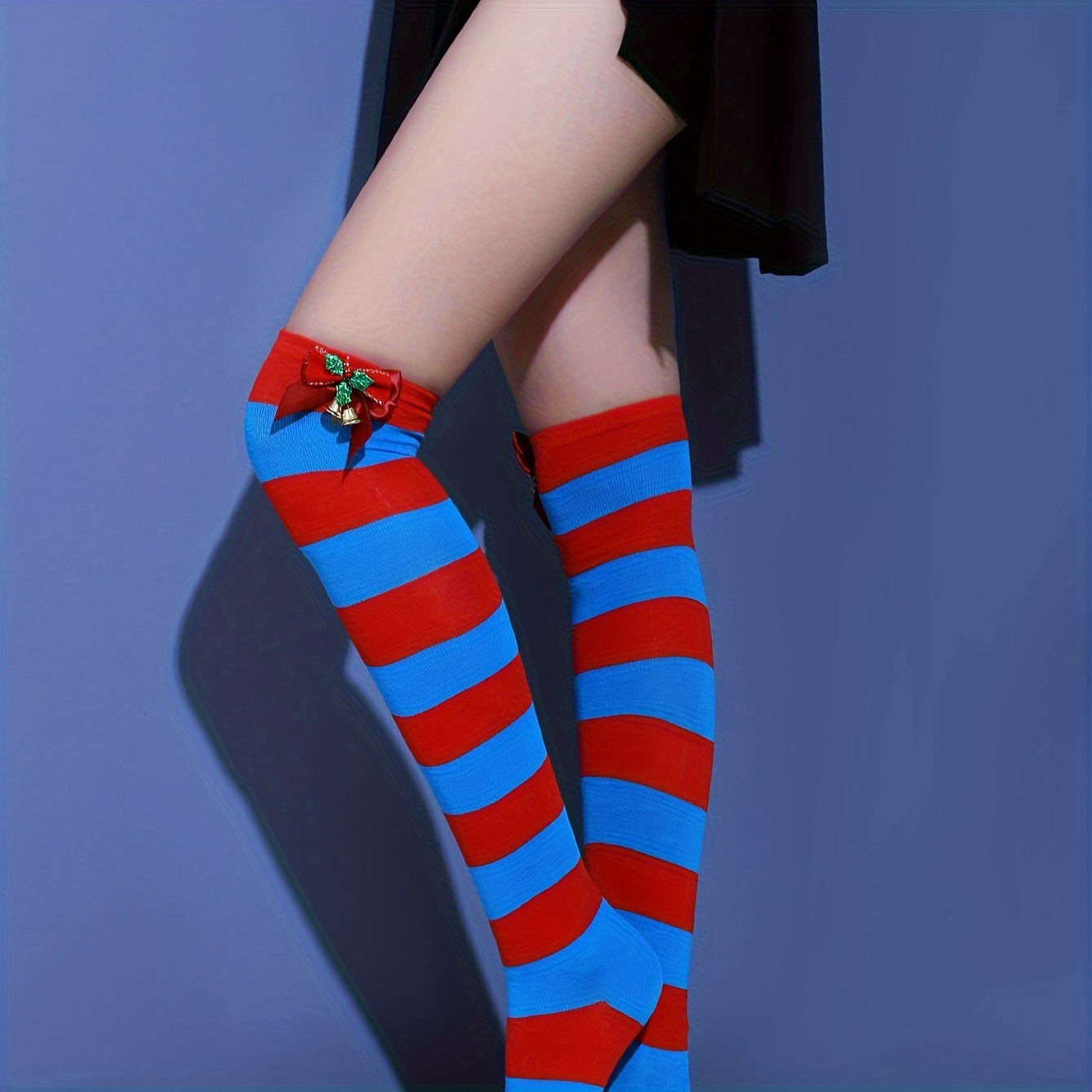 Bow Striped Thigh High Socks Colorblock Over The Knee Stockings
