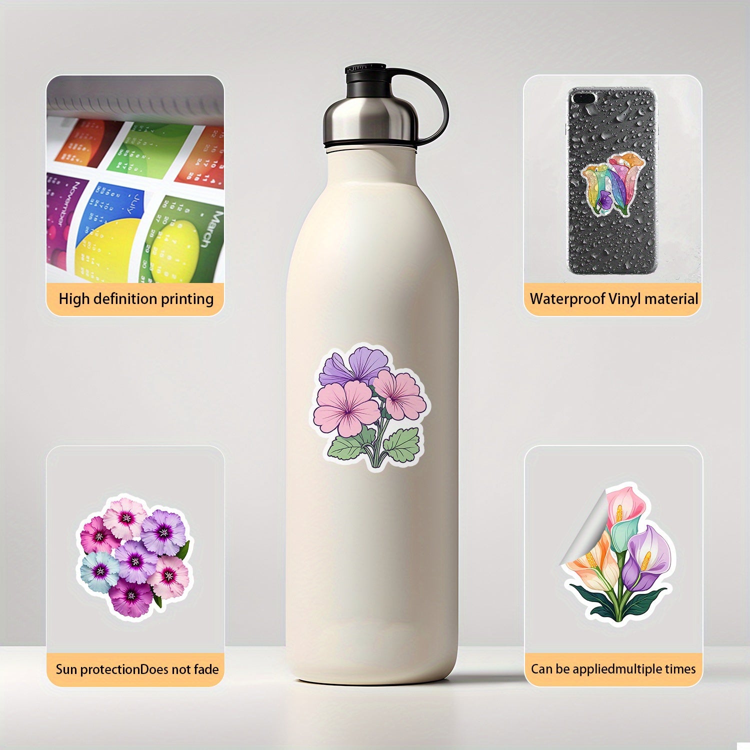 50pcs Flower Graffiti Vinyl Stickers Reusable Decals Mixed Colors PVC Material